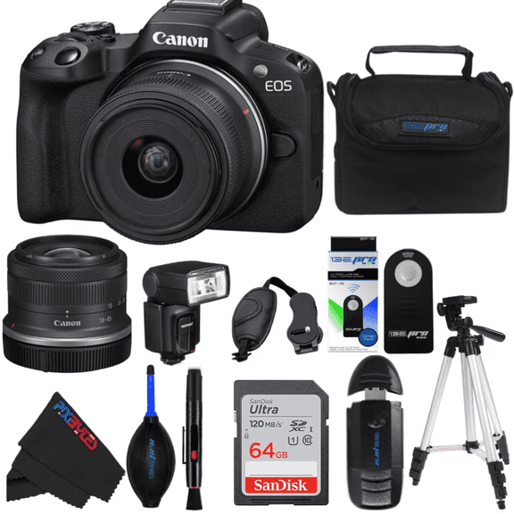 Pixibytes EOS R50 24.2 MP APS-C CMOS Sensor Mirrorless Camera with Bundle with 2x SanDisk 64GB Ultra SDHC Memory Card, Black, 1