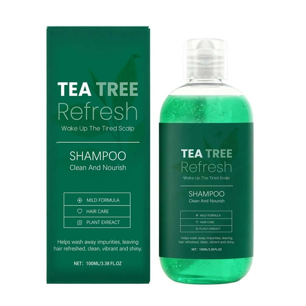 Champú con esencias de árbol de té para controlar la grasa, eliminar la caspa, purificar el cuero cabelludo, limpiar suavemente, suavizar, calmar el cuero cabelludo y fortalecer el cabello. 100 ml por