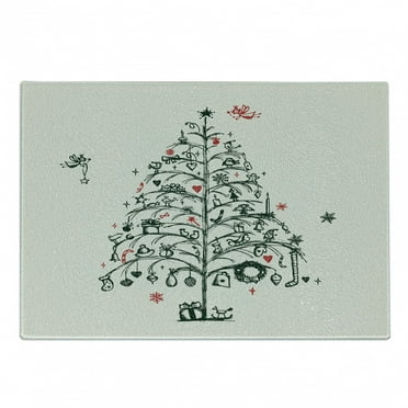 Christmas Cutting Board, Fairies with Wands and Tree Hand Drawn Style with Wreath and Stockings Image, Decorative Tempered Glass Cutting and Serving Board, Small Size, Red and Green, by Ambesonne