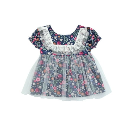 

Calsunbaby Girls Summer Dress Floral Print Gauze Bubble Short Sleeve Lace Trim Skirt