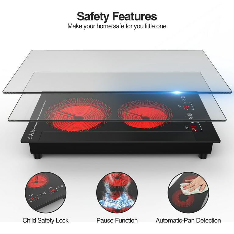 2 Burner Electric Cooktop 110v, 120v Plug In Electric Stove Top, 12 Inch  Built-in Radiant Electric Stove, Electric Ceramic Cooktop with Child Safety