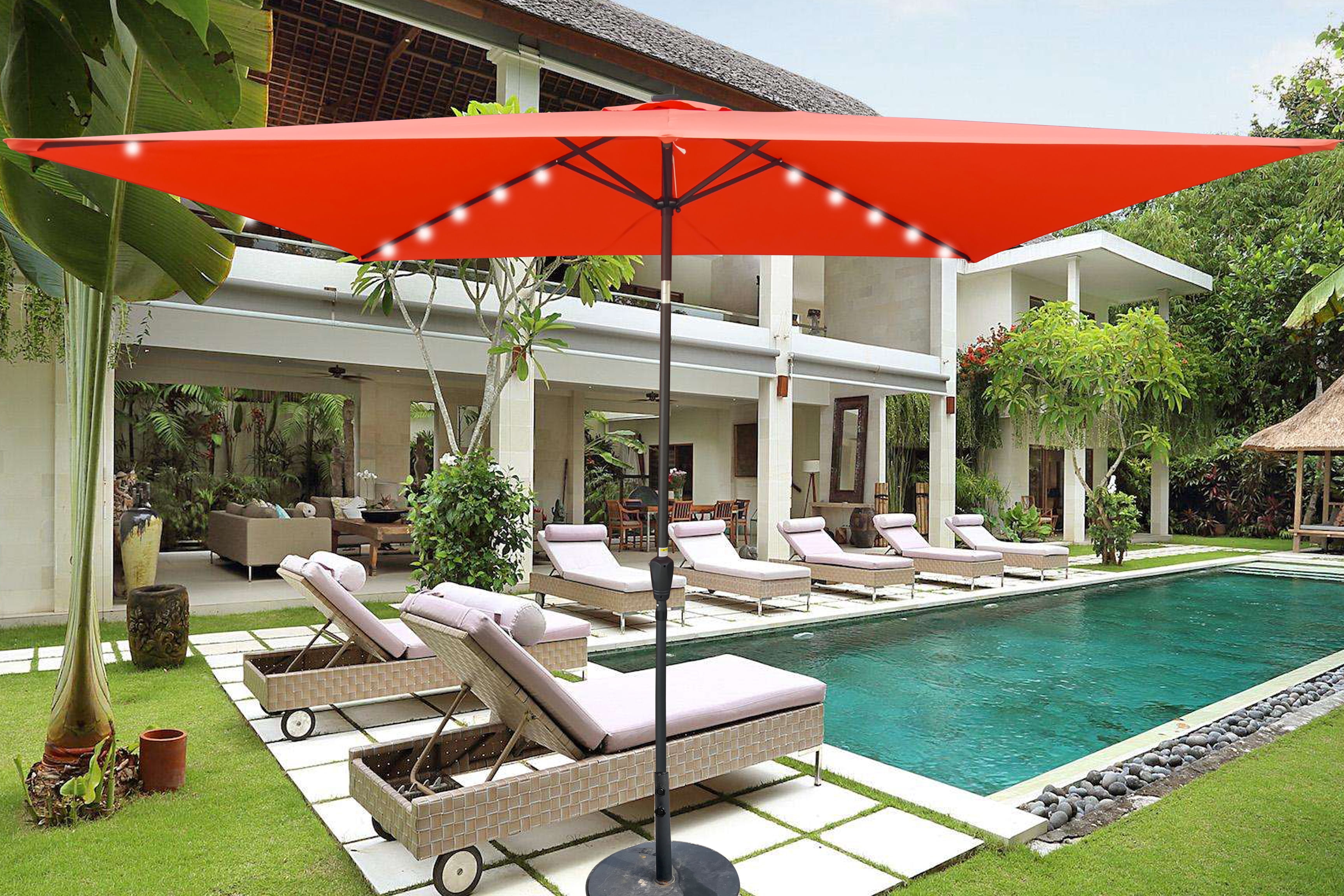 Royard Oaktree 10FT Patio Offset Umbrella w/Solar LED Lights Rectangular Outdoor Cantilever Hanging Umbrella w/Crank UV Protection Sun Shade for Market Garden Lawn Backyard Poolside,Light Brick Red