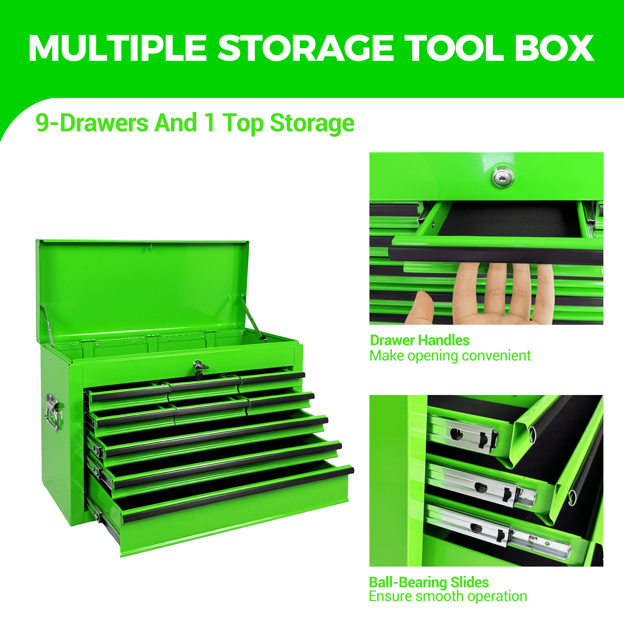 Heavy Duty Metal Tool Box,24 Inch Portable Tool Chest with 9 Drawers, Ball Bearing Slide Drawers with Auto-Locking System, Lockable Top Box Tool Organizer for Garage, Workshop, Truck,Green