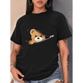 thumbnail image 1 of Camiseta de cuello redondo negra para mujeres con un adorable estampado de osito, perfecta para moda casual., 1 of 6