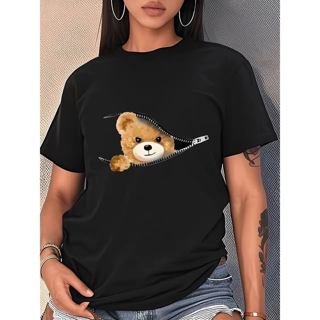 Camiseta de cuello redondo negra para mujeres con un adorable estampado de osito, perfecta para moda casual.