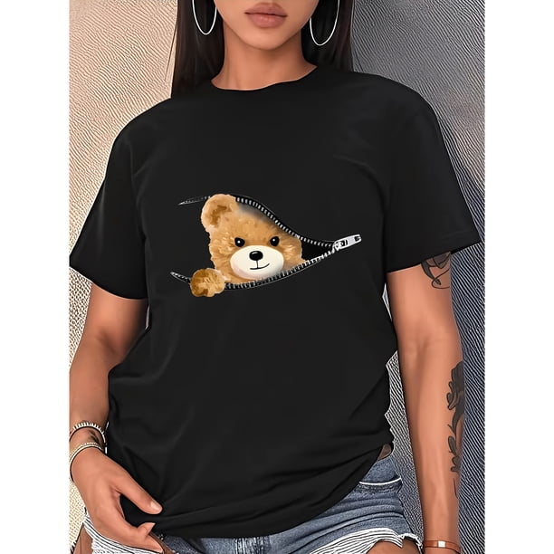 Camiseta de cuello redondo negra para mujeres con un adorable estampado de osito, perfecta para moda casual.