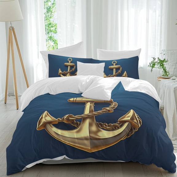 Duvet Cover Twin Size 3 Piece Bedding Set, Gold Ship Anchor Soft Breathable Comforter Cover with 2 Pillow Shams, Blue Background Luxury Duvet Covers with Zipper Closure