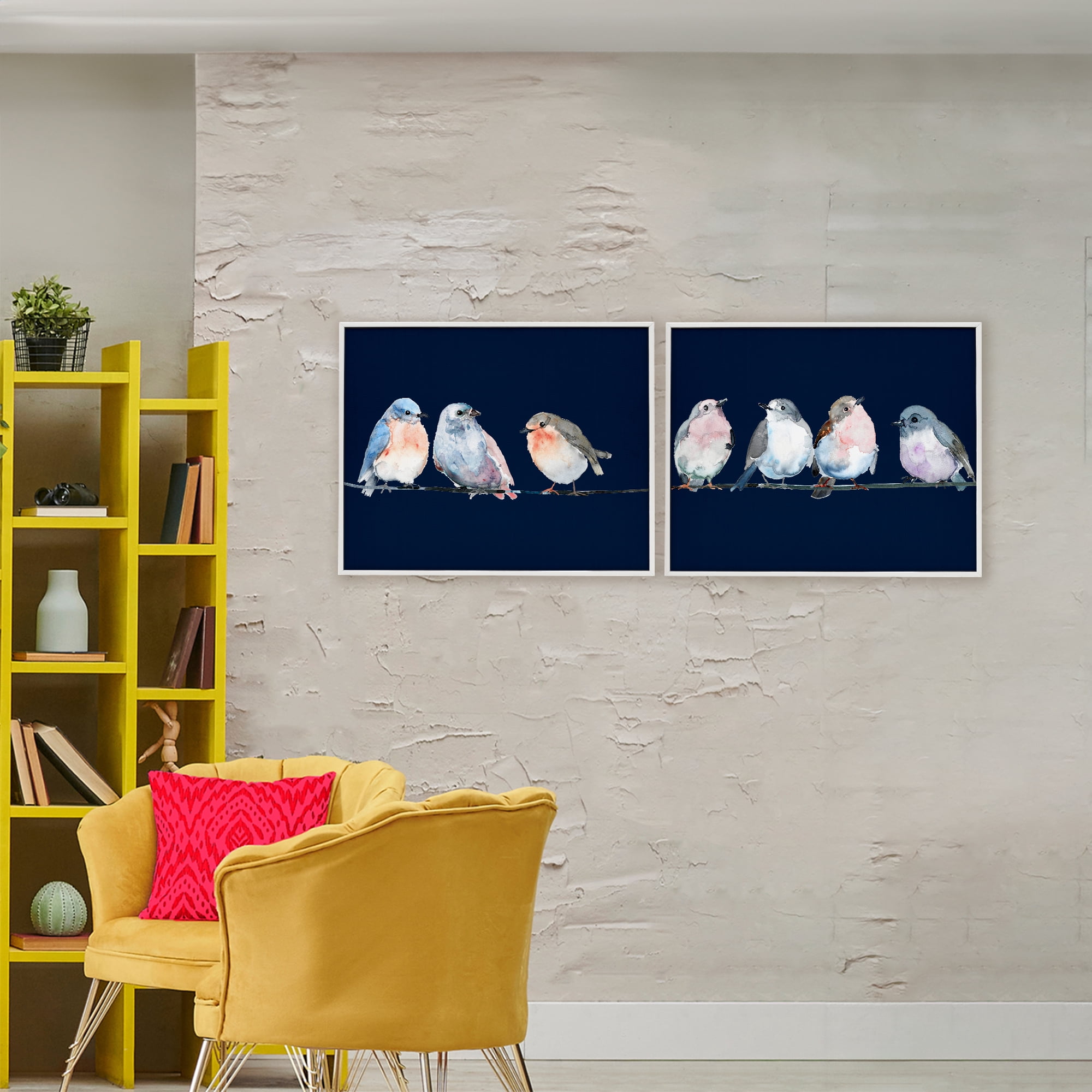 Stupell Industries Perched Navy Toned Birds 2 Piece White Framed Giclee Art Set, design by Lorenzo Collective