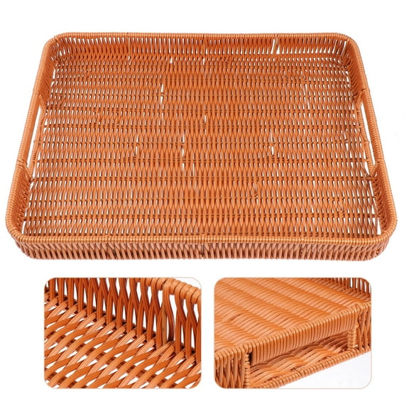 WASHWEPE 1Pack Hand Woven Basket Brown Plastic Rectangular Tray for Picnic 34X24X3 5in