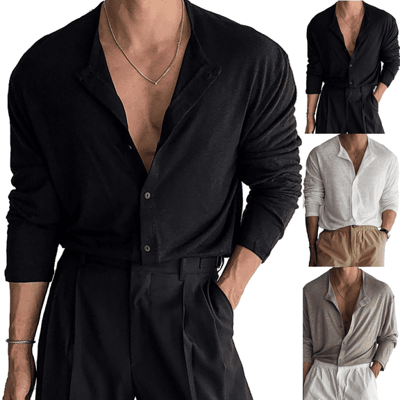 Frnrwgo Men's Button Front Shirts Long Sleeve Turndown Collar Loose Fit Solid Color Open Front Casual Top