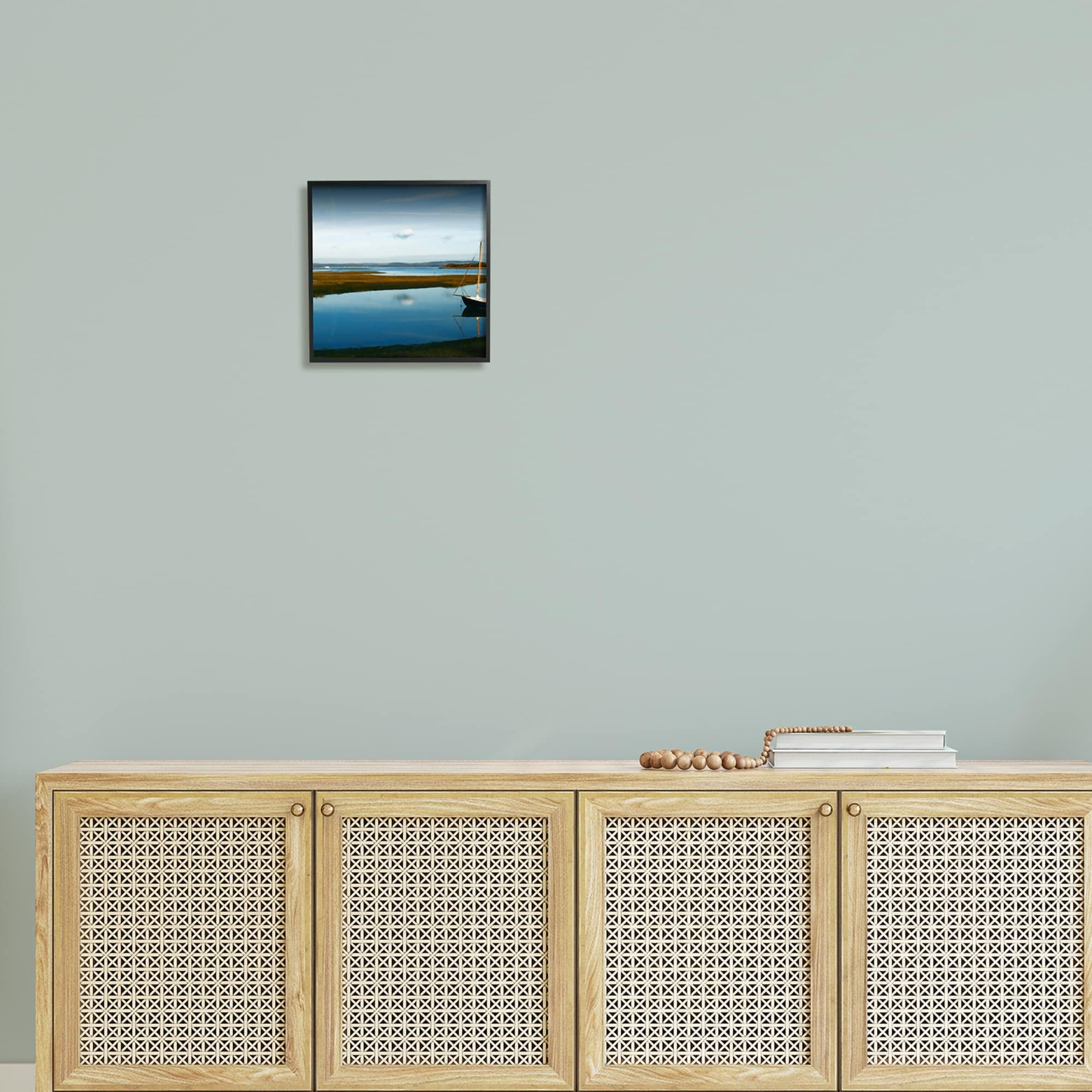 Stupell Industries Dreamy Boat Floating Cloud Reflection Grassy Shore Photograph Black Framed Art Print Wall Art, Design by Noah Bay