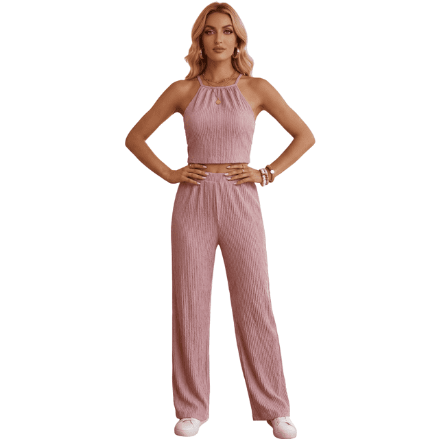 Conjunto Elegante de 2 Piezas para Mujer, Top Halter y Pantalón de Corte Recto, Look Sofisticado y Moderno
