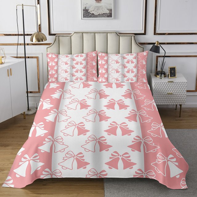 Erosebridal Bell Bow Quilt Sets for Queen Size Bed, Princess Pink Bed Set, Cute Ribbon Decor 3-Piece