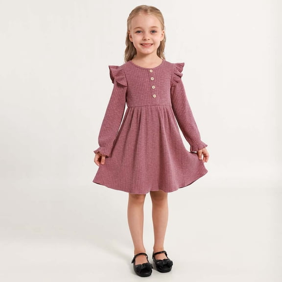 Hotiary 2-7Y Girls Fall Winter Casual Ribbed Knit Dresses Ruffle Long Sleeve Sweater Dress Button Party Holiday Dress
