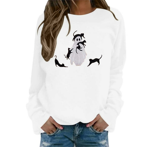 Fgnfyis Women's Halloween Printed Round Neck Long Sleeved Sweatshirt Pullover and Hoodie Hoodies for Women White L