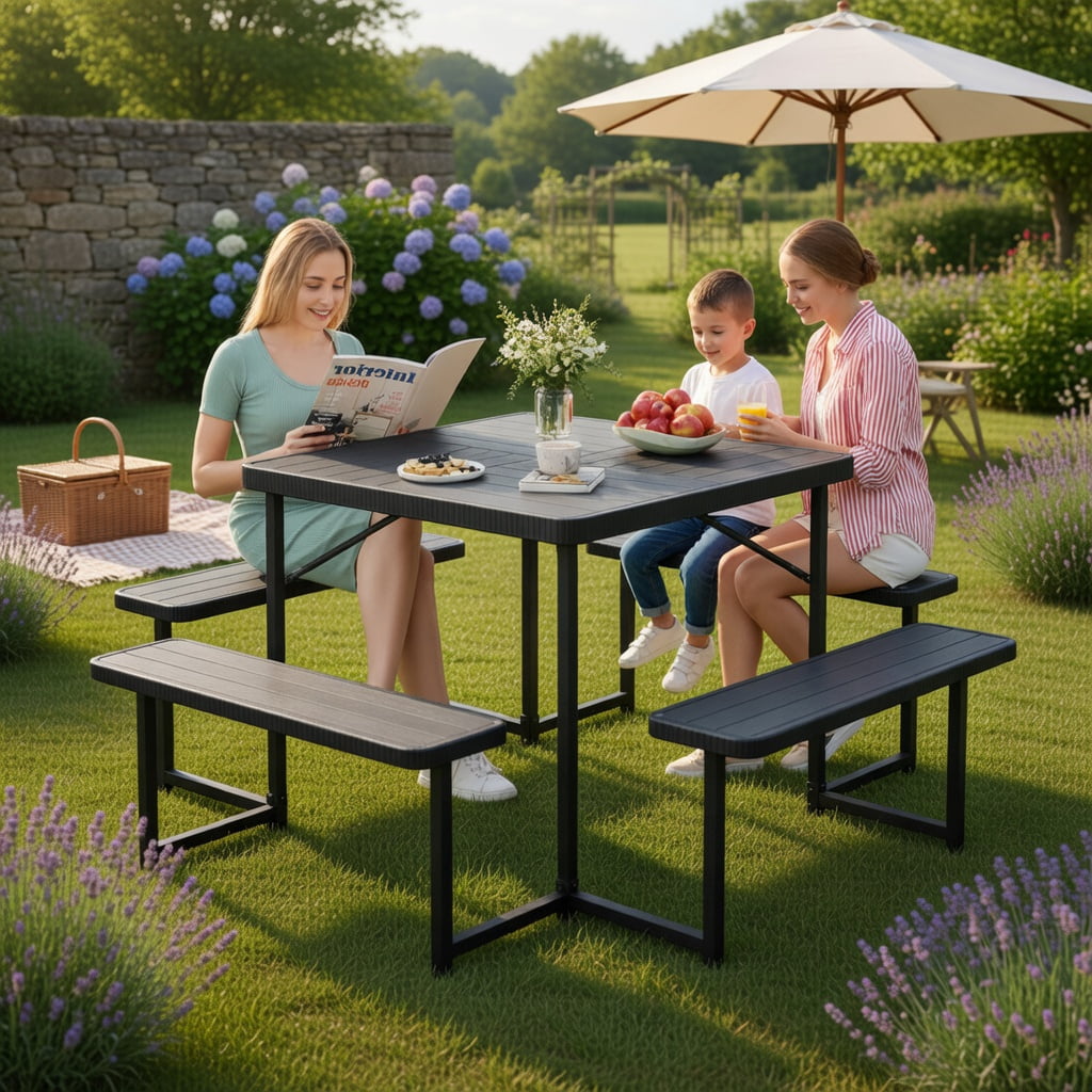 Hommoo Outdoor Square Picnic Table Set with Umbrella Hole, HDPE & Metal, Seats 4–8, Weather-Resistant Patio Dining Set, Black