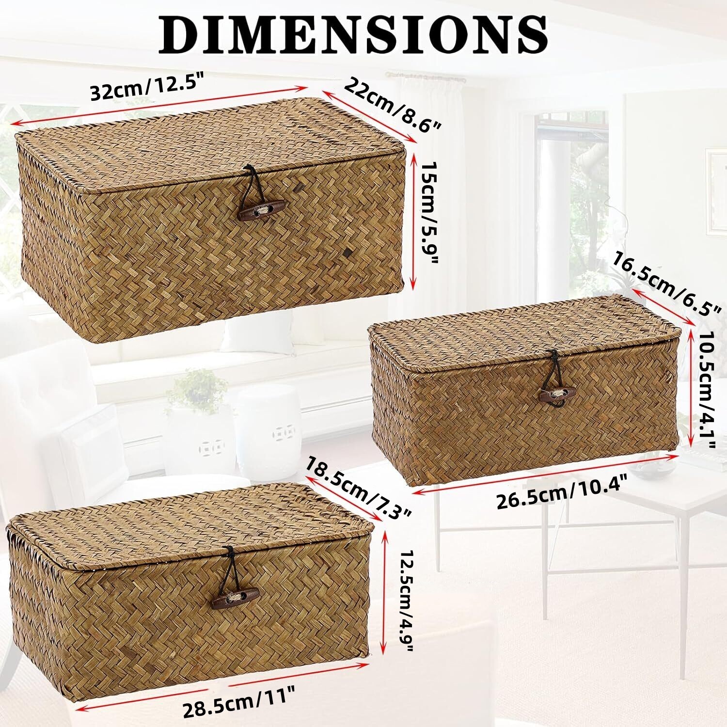 Woven Wicker Storage Bins with Lid, Seagrass Basket for Shelf Organizer, Extra Large, Set of 3