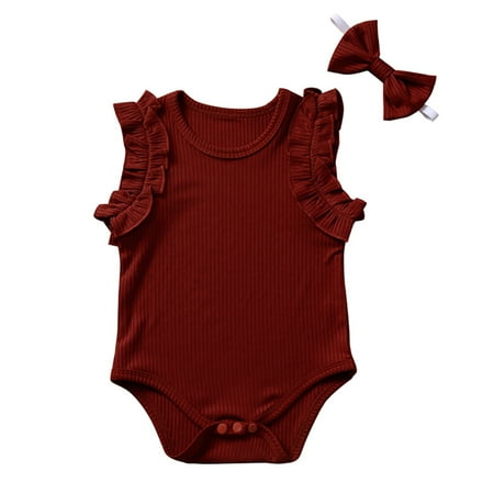 

Gyratedream Infant Newborn Toddler Kids Baby Girls Ruffles Sleeveless Jumpsuit Ribbed Knitted Romper+Headband Bowknot