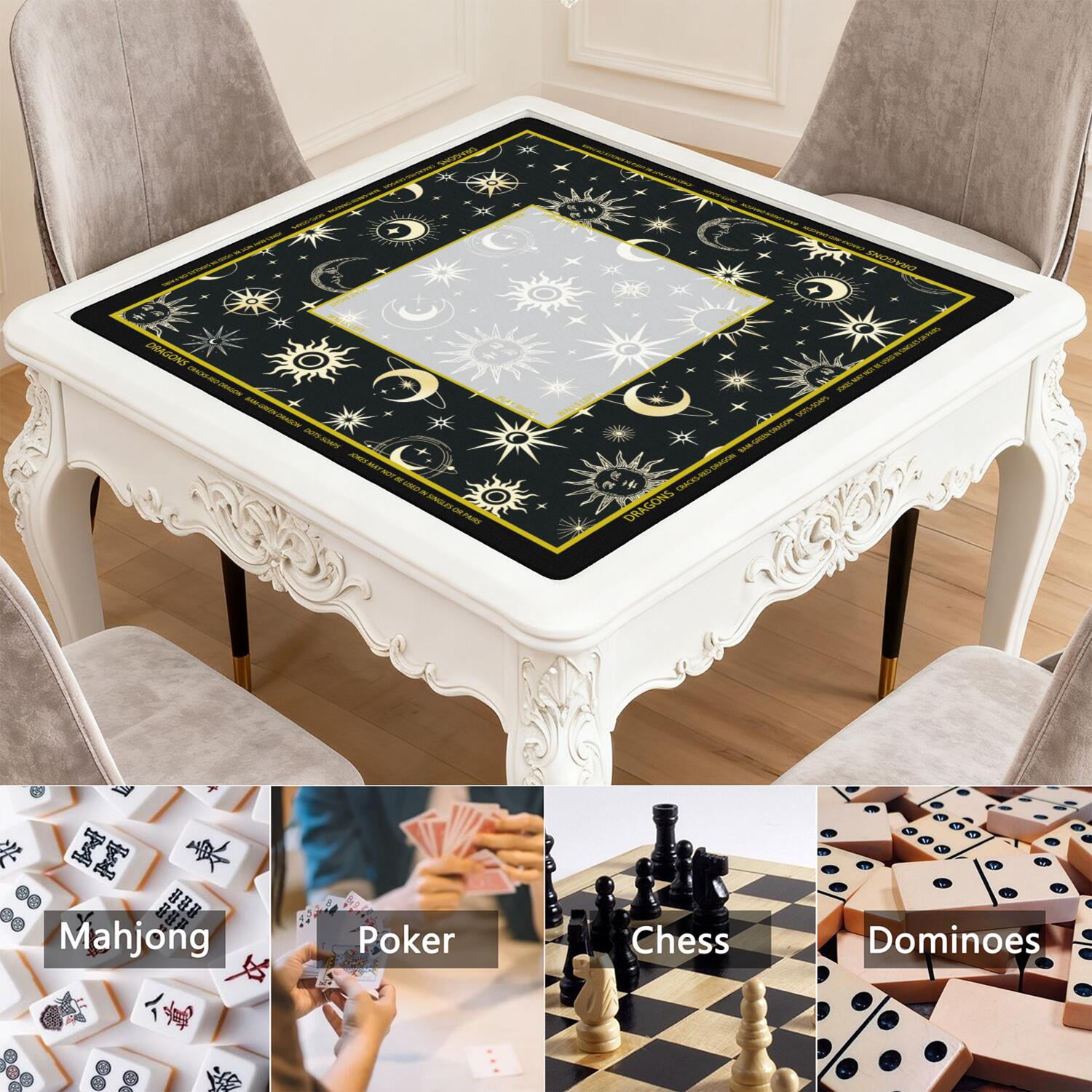 Gothic Mahjong Mat with Rules, 31.5*31.5in Anti Slip American Mahjong Mat for Table, Noise Reduction, Neoprene Mah jongg Mats with Carrying Bag & 3 Dices, Mahjong Set Gift, Board Tile Games Mats