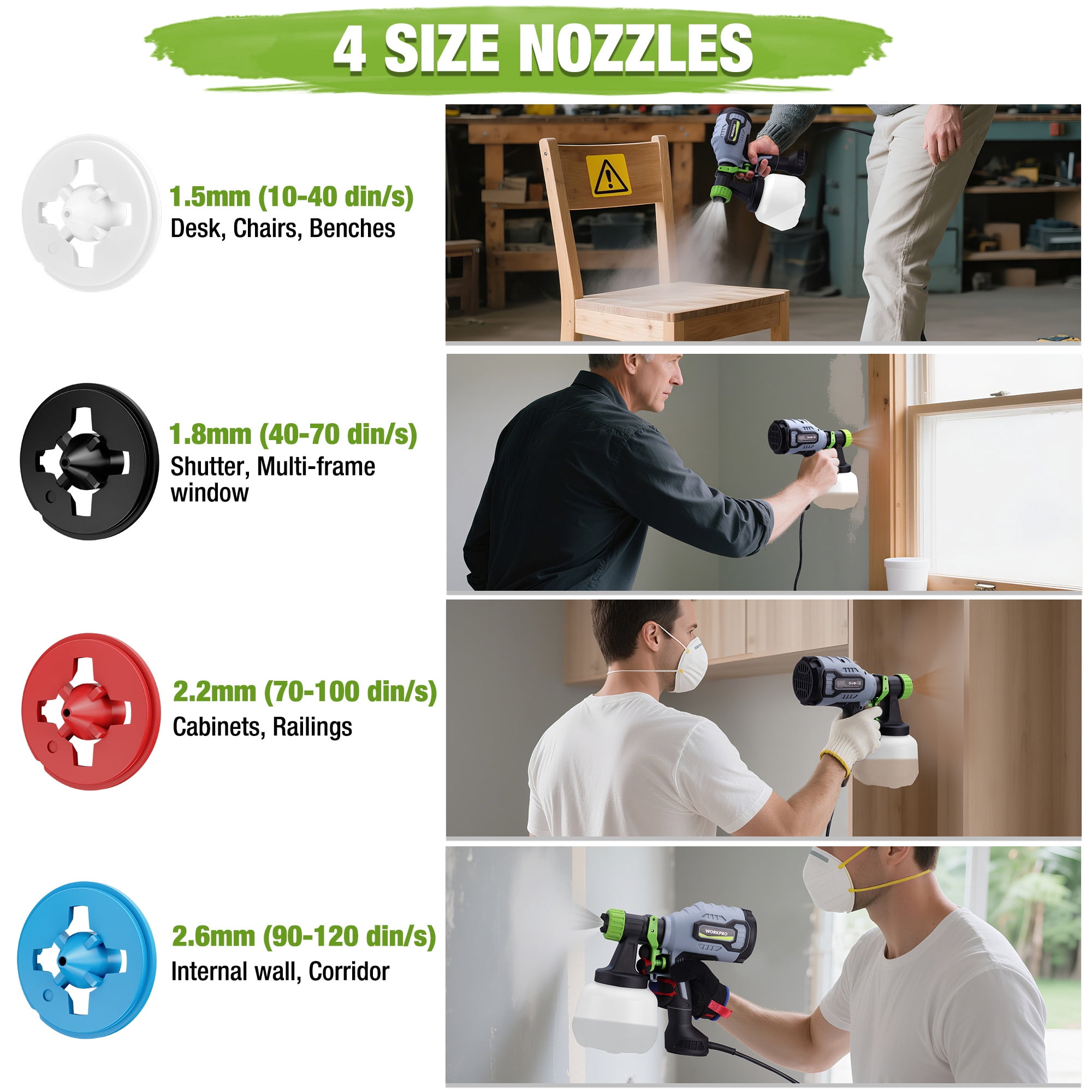 WORKPRO Paint Sprayer, 600W HVLP Spray Gun with 4 Nozzles, 3 Spray Patterns, Adjustable Flow, 44 Fl. Oz (1300 ml) Container, for Furniture, Cabinets, Walls, Doors