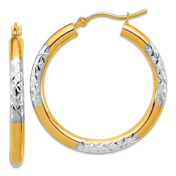 14k With Rhodium Sparkle-Cut 3mm Hoop Earrings 30x30mm Wide 3mm Thick Hoop Earring for Women