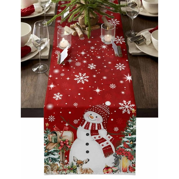Red Christmas Dresser Scarf Farmhouse, Dining Table Decorations for Wedding/Parties, Snowman Gifts Xmas Tree Snowflake Winter Table Runner 72 Inches Long for Kitchen Dining, 13 x 72 In