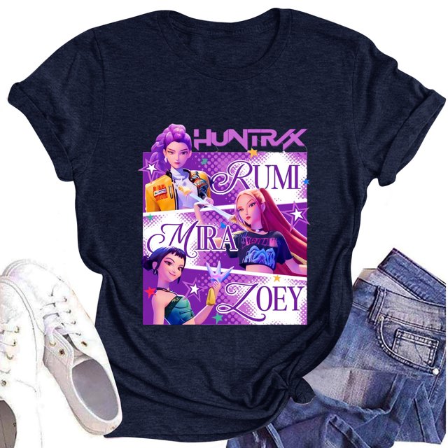 Moonsky Camiseta unisex Huntrix Dem-0n, colores cómodos, camiseta Huntrix para niñas, camiseta Mira Rumi Joey, merchandising, regalo juvenil para fans del K-pop (Azul marino S)