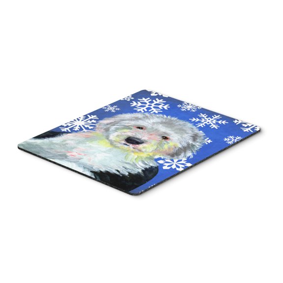 "Old English Sheepdog Winter Snowflakes Holiday Mouse Pad Hot Pad or Trivet"