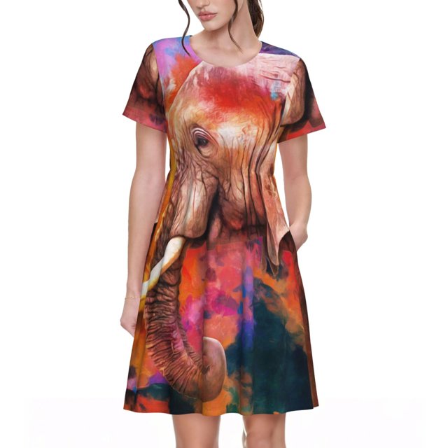 Disketp Oil Paintings of Elephants para Vestido de Manga Corta para Mujeres, Vestidos de Verano para Mujeres, Casual y Holgado para la Playa