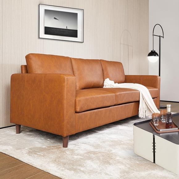 Mid-Century Modern 3-Seater Sofa - Faux Leather Couch with Deep Seat, Soft Cushions & Armrests - Comfortable for Living Room, Bedroom, or Office - Easy Assembly - Orange Color