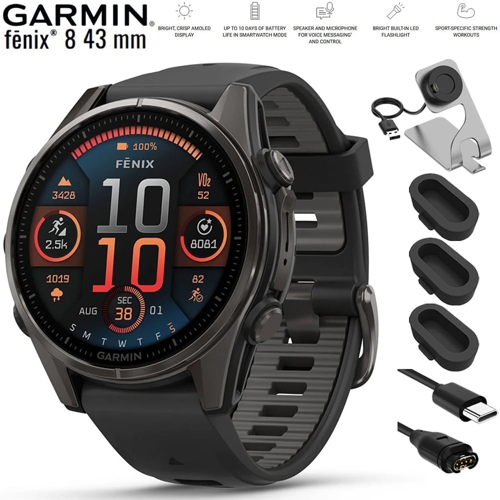 Garmin 010-02903-20 Fenix 8 43 mm AMOLED Sapphire Carbon Gray DLC Titanium with Black Silicone Band Bundle with Charging Dock, Silicone Dust Cover 3 Pack and USB Type C Charging and Sync Cable