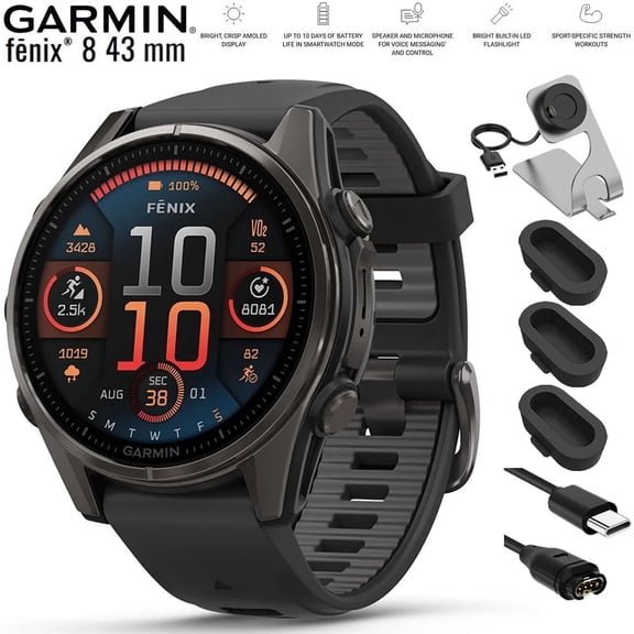 Garmin 010-02903-20 Fenix 8 43 mm AMOLED Sapphire Carbon Gray DLC Titanium with Black Silicone Band Bundle with Charging Dock, Silicone Dust Cover 3 Pack and USB Type C Charging and Sync Cable