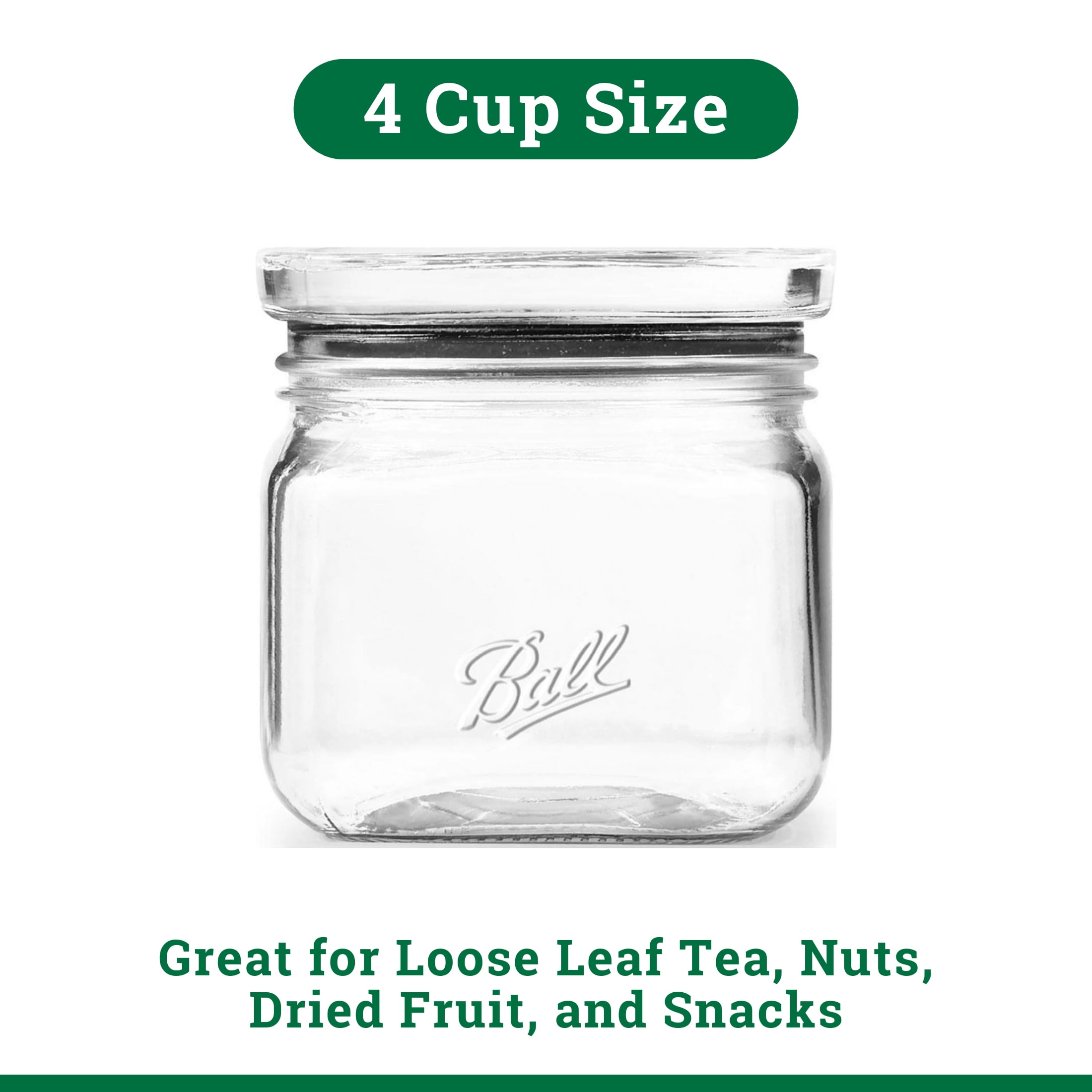Ball - Brandclub - Ball Quart Glass Jar with Glass Lid, 4 Cup Stackable  Pantry Storage Container, Airtight Kitchen Canister for Sugar, Tea, Spices,  and Pantry Organization