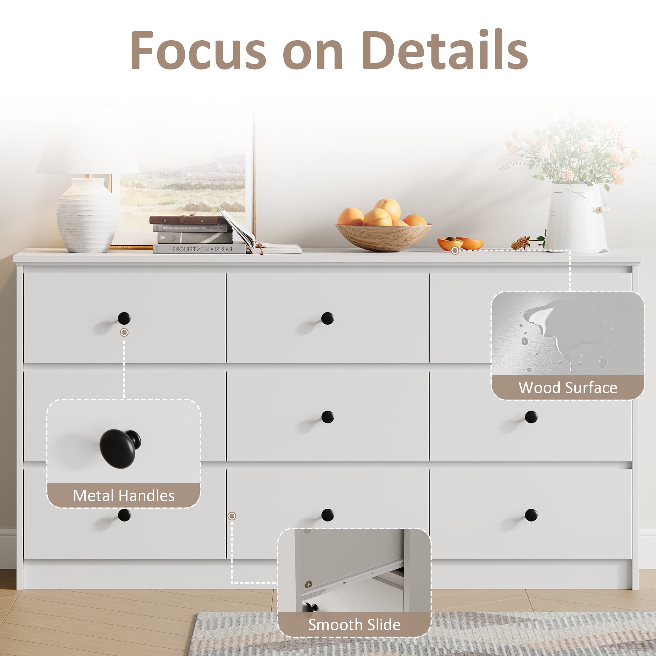 YouTrend 9 Drawer Dresser for Bedroom, White Wood Adult Dresser Cabinet with Metal Handles for Living Room, Hallway