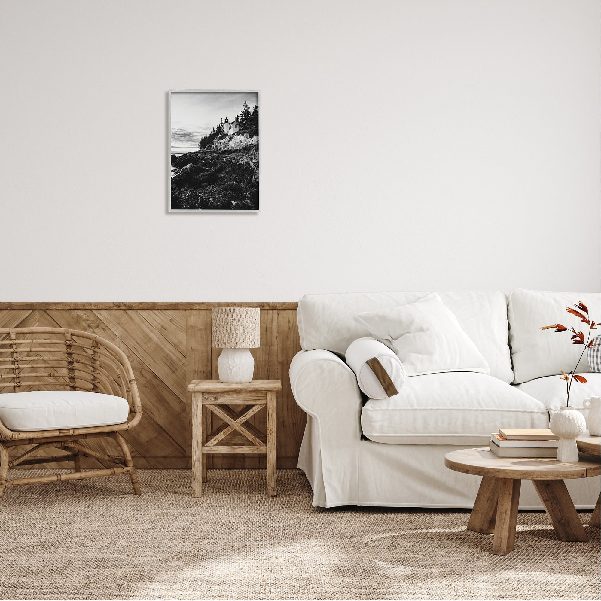 Stupell Industries Monochrome Rocky Shoreline Beach Clouds Lighthouse Photography Framed Wall Art, 16 x 20, Design by Daniel Sproul