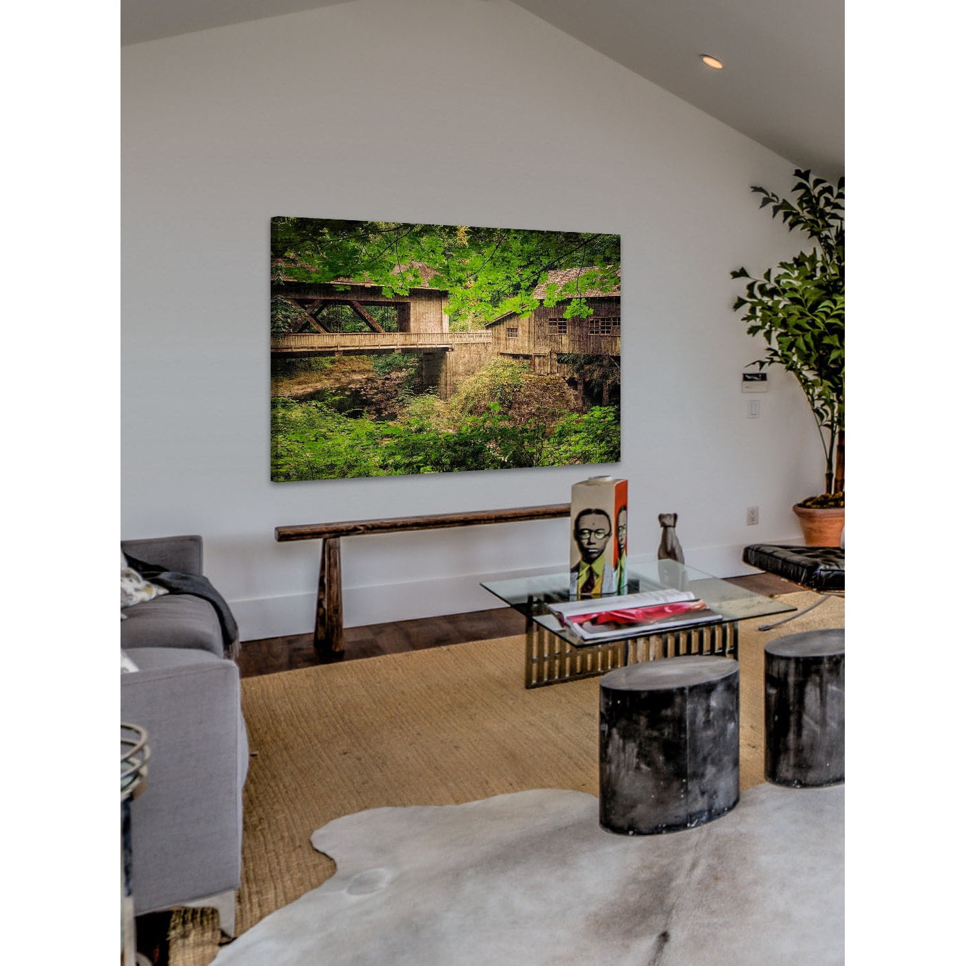 "Cedar Mill and Covered Bridge" Painting Print on Canvas