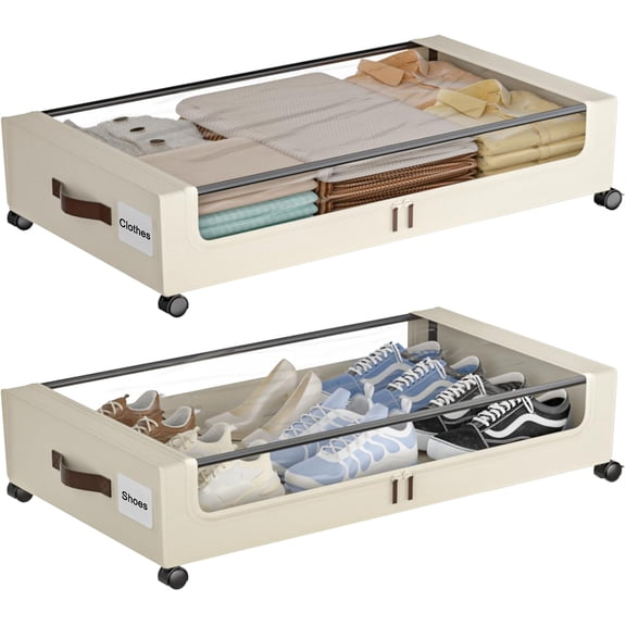 Under Bed Storage with Wheels,XXL 60L Under Bed Storage Containers with Clear Lids, Rolling Under Bed Metal Drawer for Clothes, Shoes,Toys (White, 2 Pack)