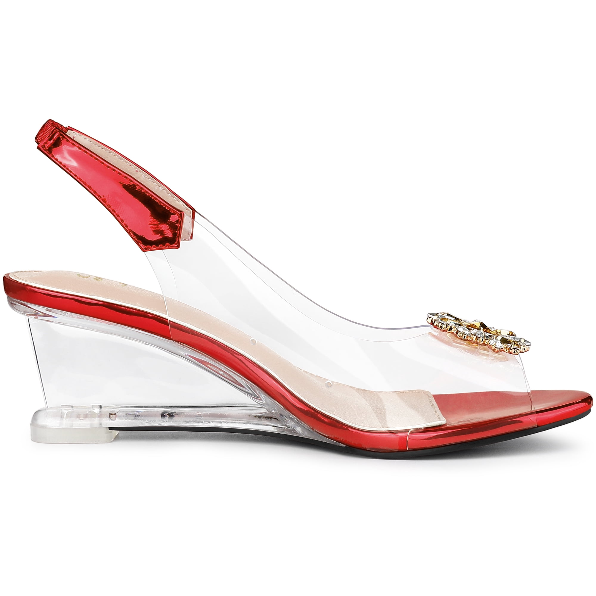 DARING DIVA Women's Clear Slingback Wedges Rhinestone Peep Toe Heels Red 8