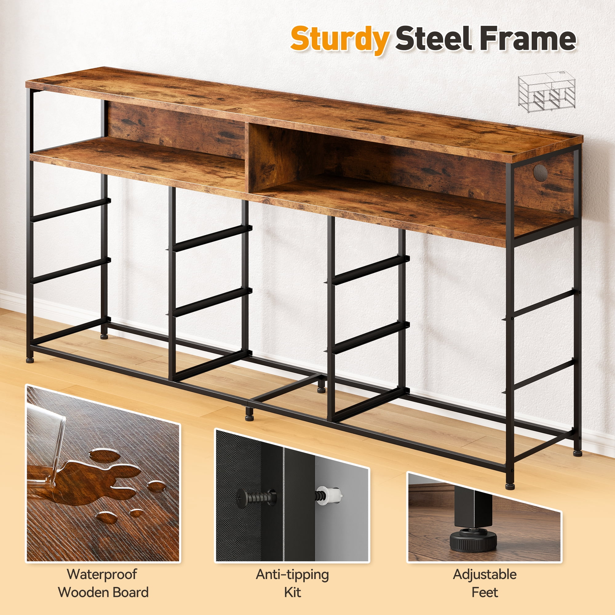 EnHomee 55” Long Dresser with Power Outlet & LED Lights TV Stand, 9 Fabric Drawers, Rustic Brown