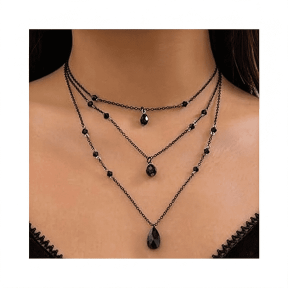 DESIGNICE Gothic Layered Black Teardrop Choker Necklace, Punk Grunge Emo Jewelry with Black Crystal Pendant, Vintage Goth Neck Chain for Women, Alt Fashion Gifts
