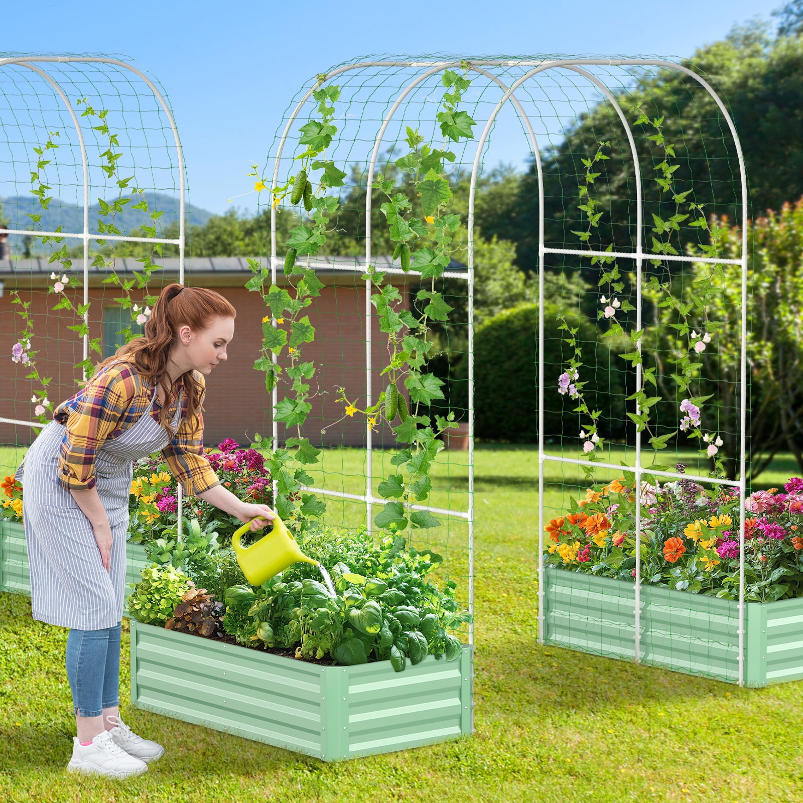 MOPHOTO 3 in 1 Raised Garden Bed with 87in Tall Arch Trellis for Climbing Plants, Galvanized Planter Garden Box Outdoor for Gardening, Climbing Vegetables, Flower, Green