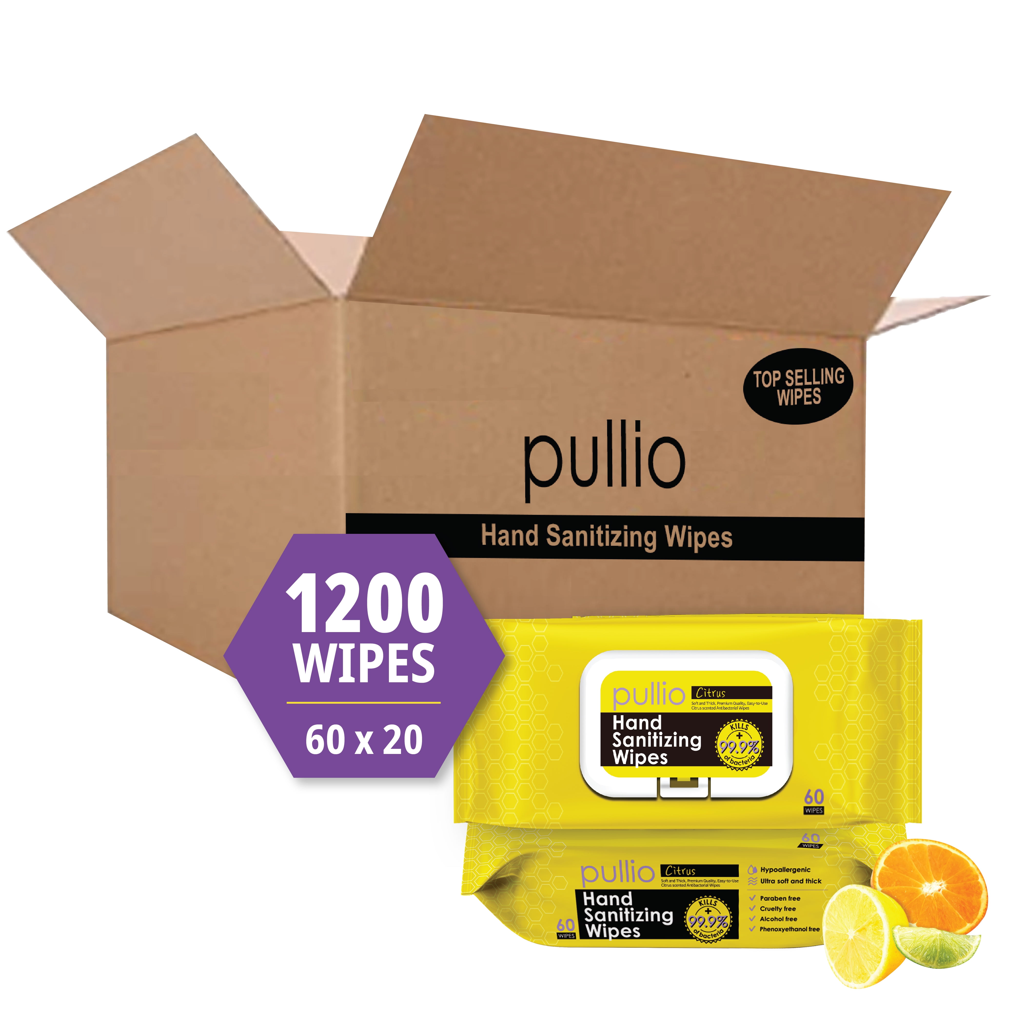 (1200 Wipes) pullio Citrus Alcohol Free Hand Sanitizer Wet Wipes