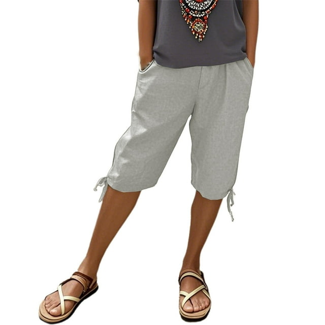 Women's Linen Pants with Pockets - Elastic Drawstring Leisure Five-Eighths Pants