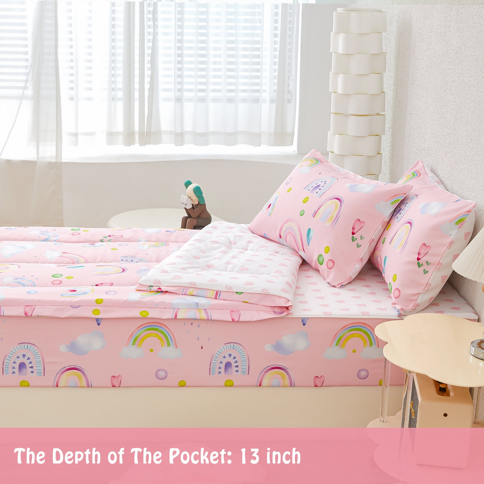ZRNBAST Zipper Bedding Set for Girls, 3Pcs Pink Hearts Rainbow Twin Size Comforter with Fitted Sheet & Pillowcases, All-in-One Zipper Bed Set for Kids Room(Pink,Twin)