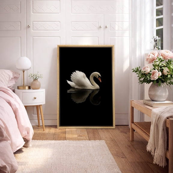 Framed Canvas Print Swan Wall Art Vintage Farmhouse Decorative for Living Room Bedroom - 16"x24" NATURAL