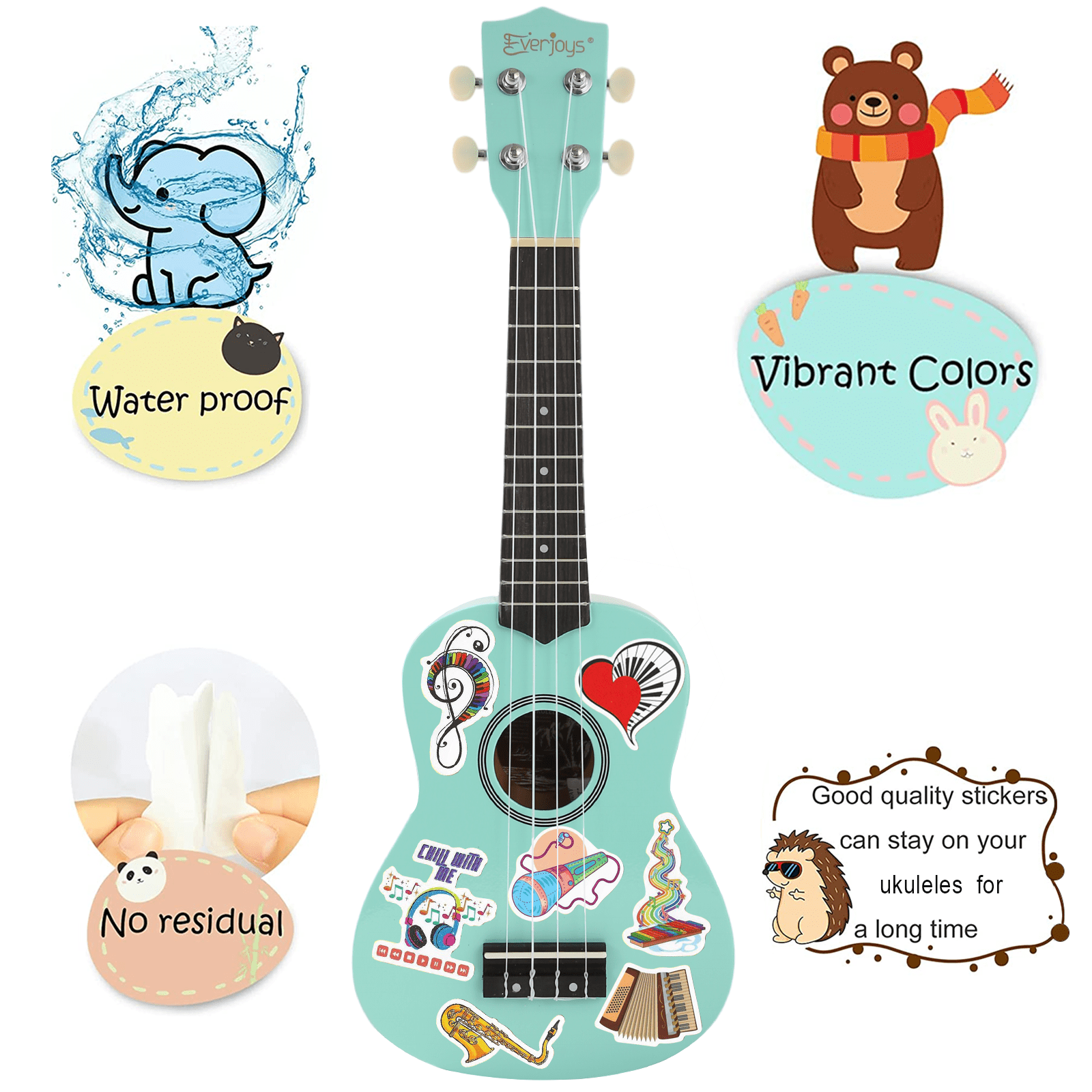 Everjoys 21" Soprano Ukulele Beginner Kit w/ Free Online Lesson, Gig Bag, Strap, Digital Tuner, Spare String, Picks, Polishing Cloth, Rainbow Series