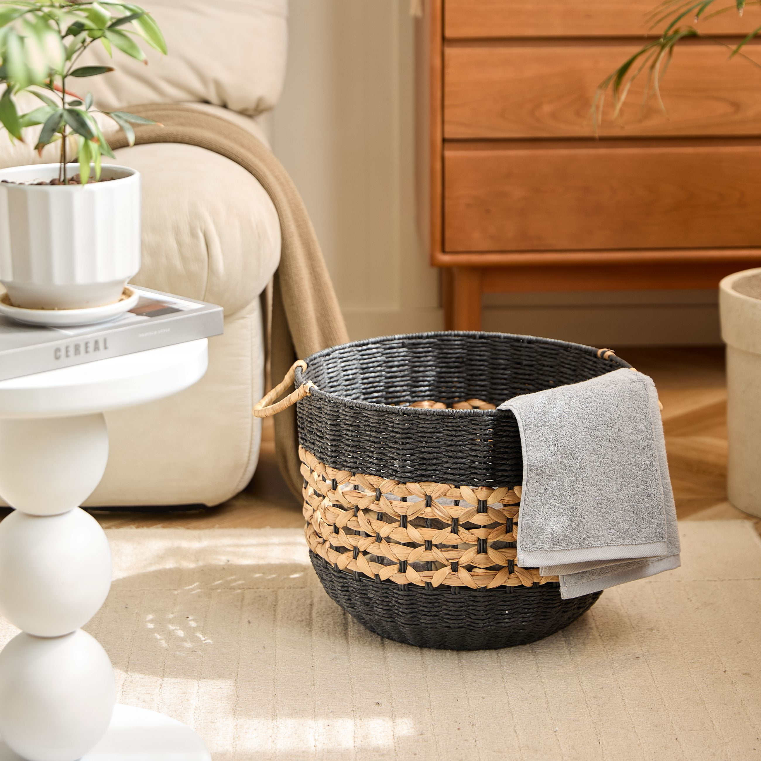 Hometrends Woven Paper & Water Hyacinth Storage Basket, Large, Handles