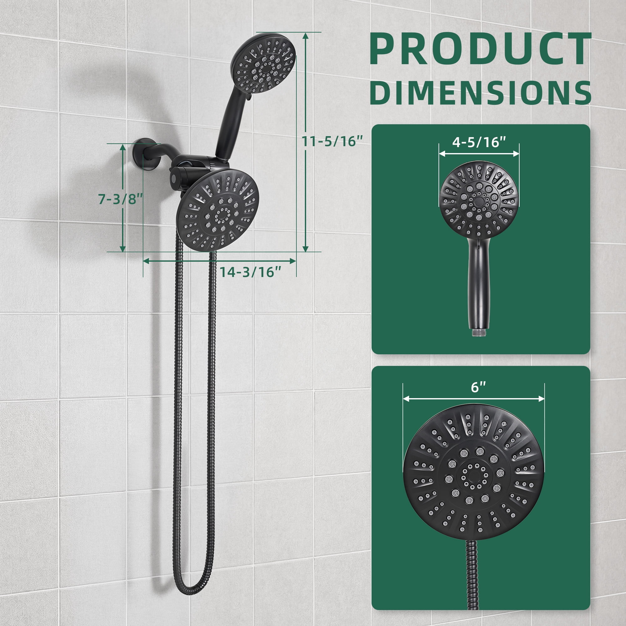Akicon 2-in-1 Dual Shower Head, 6-Setting High Pressure Rain Shower Head with Handheld Spray, Round Showerhead with Adjustable Angle, Anti-Clog Nozzles for Bathroom, 2.5 GPM Flow Rate