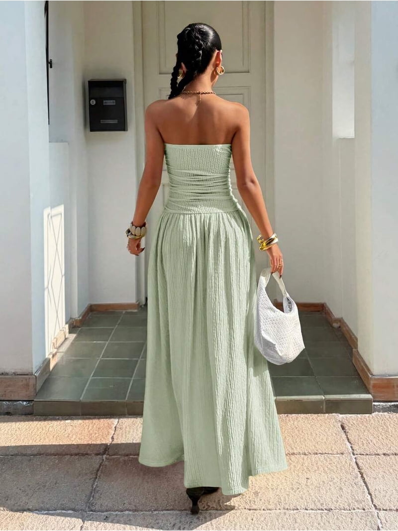 green strapless pleated dress Mint Smocked Waist Ribbed Maxi With Flowy Skirt Elegant Formal Party Gown, Women's, Size: XS Capsule Collection