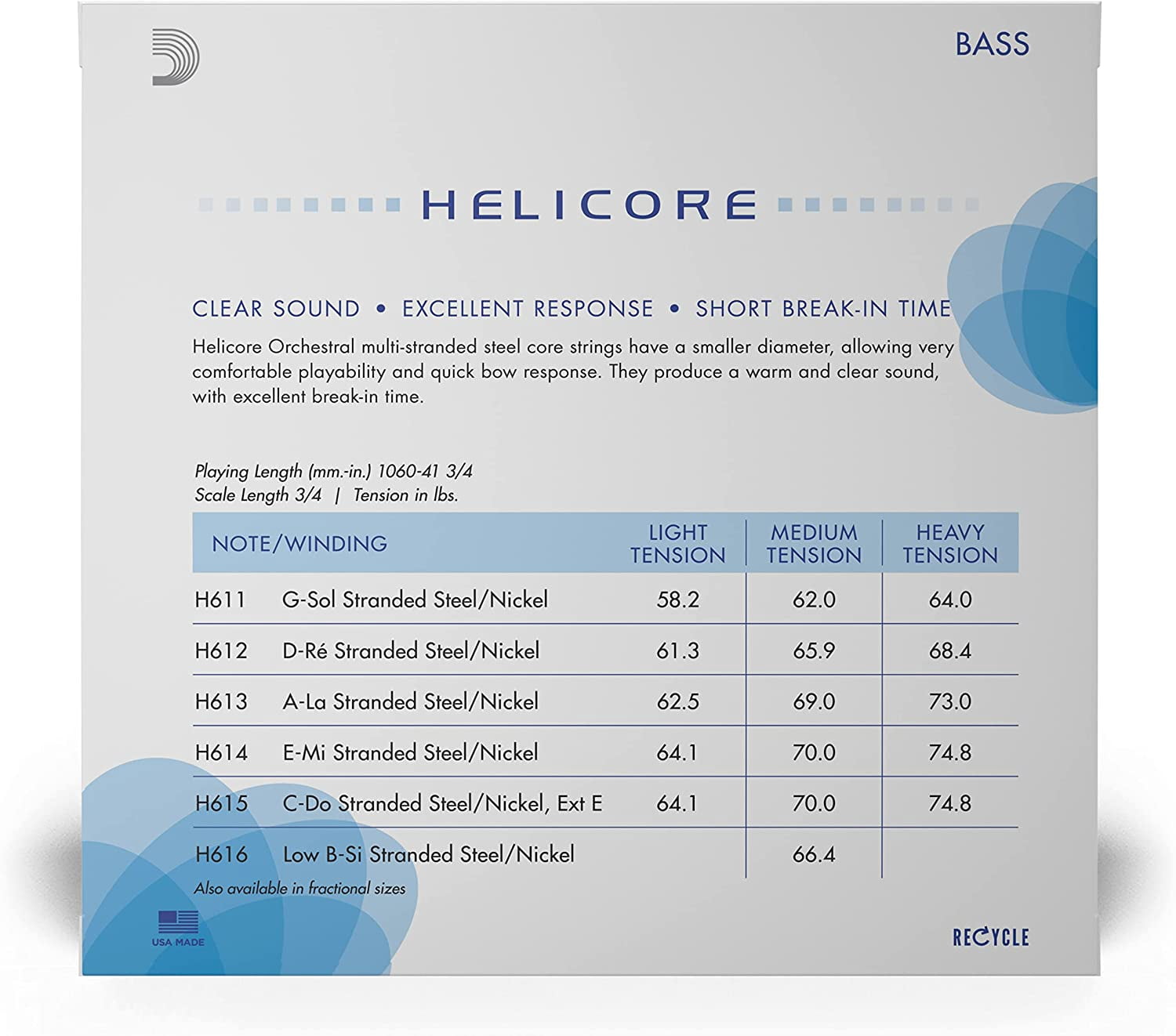 D'Addario Helicore Orchestral Series Double Bass String Set 3/4 Size Heavy